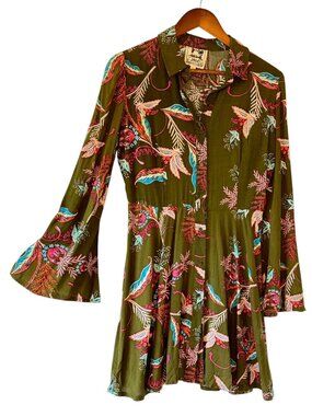 Jaase Rihana Shirt Dress Olive Drab Floral Flared Sleeve Button Front Boho Small